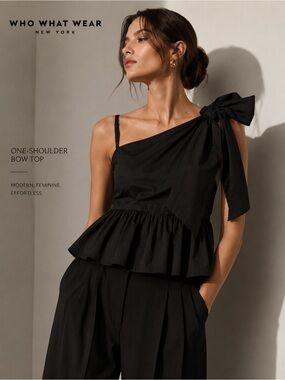 Who What Wear One-Shoulder Bow Poplin Peplum Top Black Size Medium